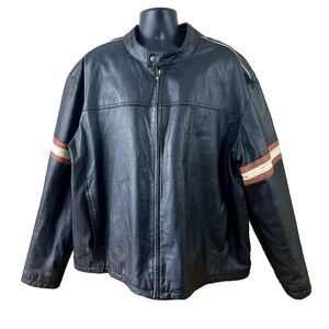 Men's Classic Black Leather Motorcycle Jacket with Striped Sleeves Sz 3XL